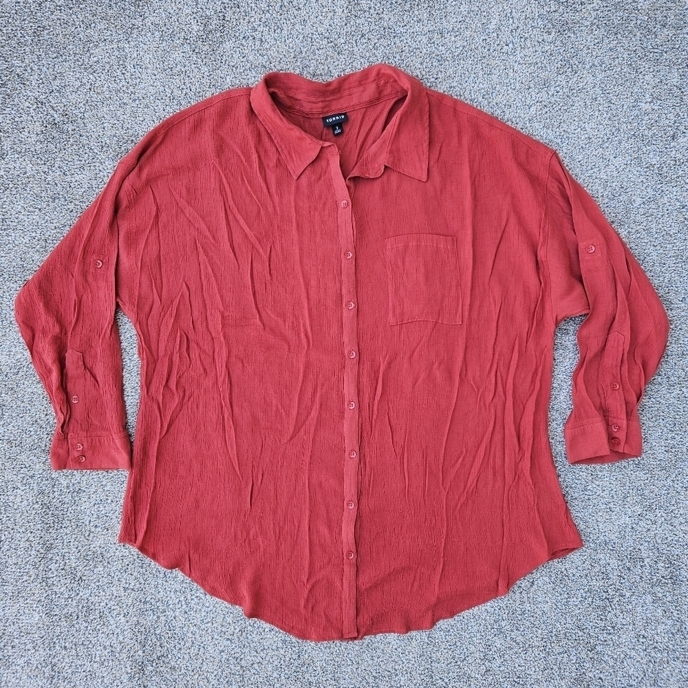 Torrid Burnt Orange Cotton Gauze Drop Shoulder Shirt Light Button Up Size 3 3X